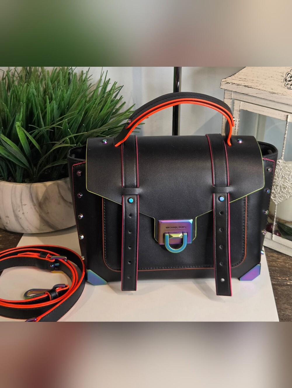Michael Kors Manhattan Medium Black Leather Satchel Neon Oil Slick
